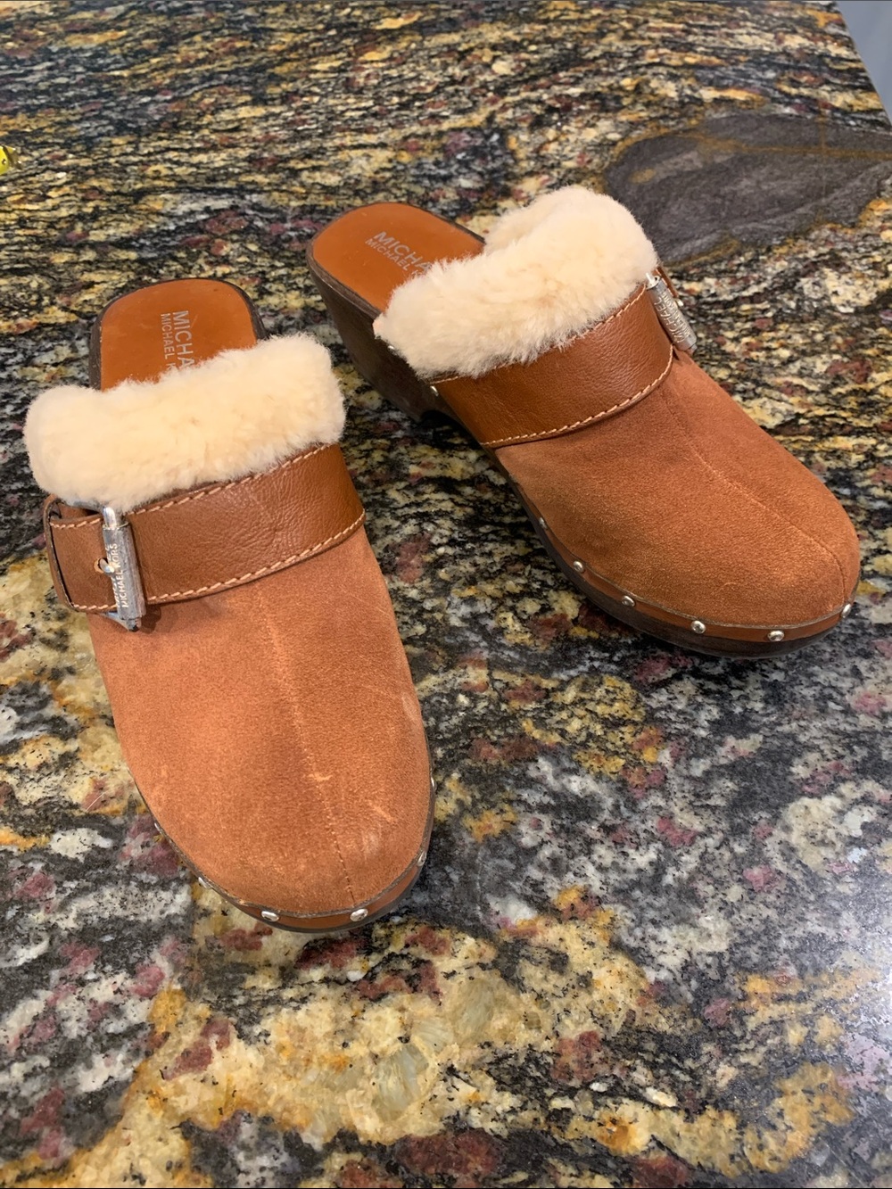 Michael Kors Brown Suede Shearling Clog Mules